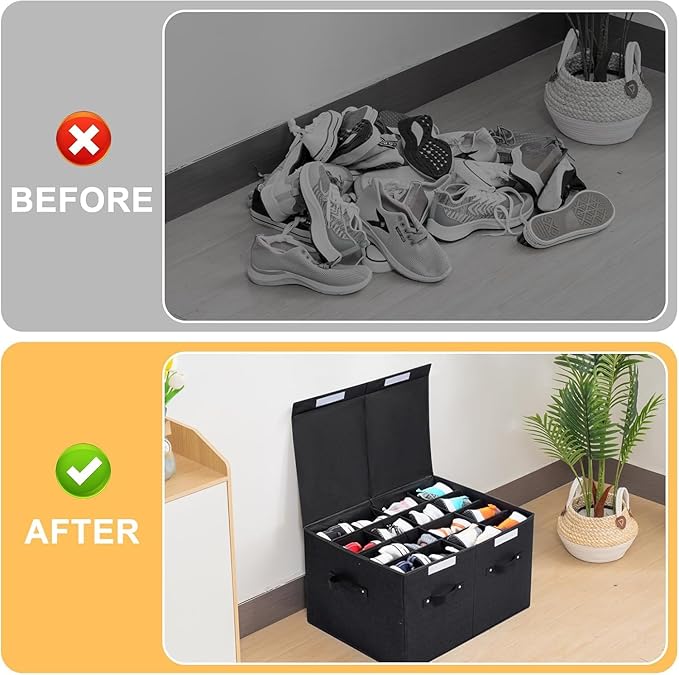2 Pack Shoe Organizer for Closet, Foldable Shoe Storage Box with Adjustable Dividers, Large Space Saving Shoe Storage Container Fits up to 16 Pairs with Reinforced Handles (Black)