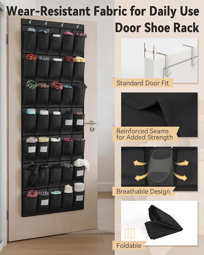 dodowin Over the Door Shoe Organizers, 2 Pack - 40 Deep Mesh Pockets Each, Over The Door Shoe Rack with 4 Metal Hooks Each, Space Saving Hanging Storage Holder for Closets, Shoes & Accessories, Black
