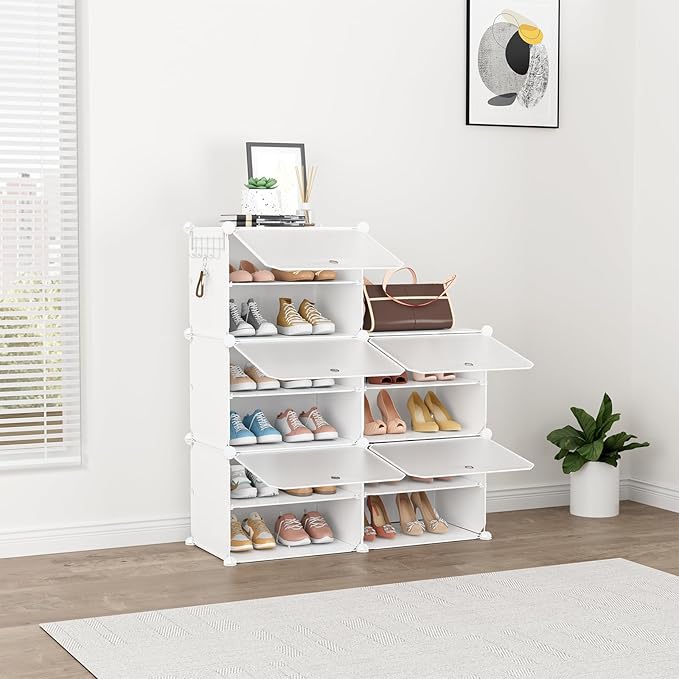 Shoe Rack Organizer 12 Tier Shoe Storage Cabinet with Door 96 Pair Tall Shoes Rack Expandable Free Standing Sturdy Plastic Easy Assembly Shoes Shelf for Closet Entryway Bedroom Hallway White