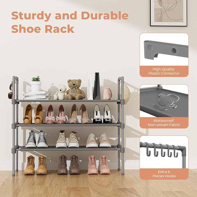 3 Tier Shoe Rack for Closet, Shoe Organizer with 5 Hooks, Grey