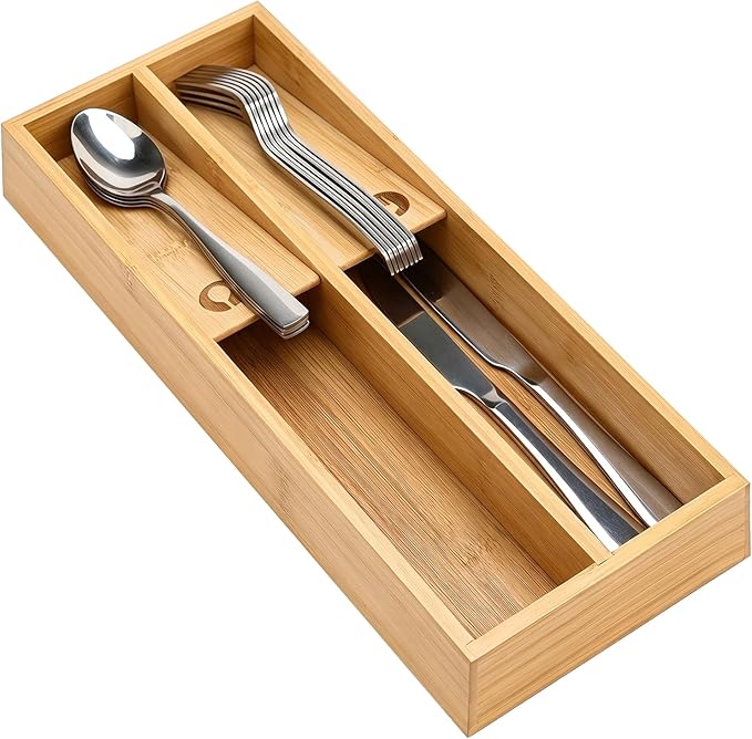 Small Bamboo Silverware Organizer for Drawer Utensil Tray Wood Cutlery Organizer