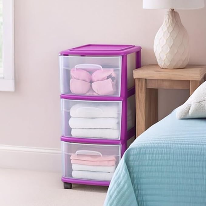 Drawer Tower, 3-Tier Clear Plastic Storage Organizer Cart, Purple Frame