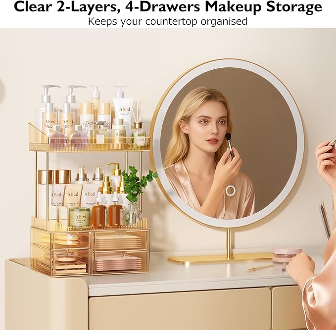 4 Drawers Makeup Organizer, 4 Tier Makeup Storage, Dresser Transparent Tawny
