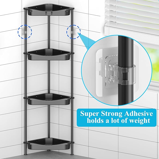 4 Tier Floor Standing Corner Shower Caddy Organizer Shelf with Hooks, Jet Black