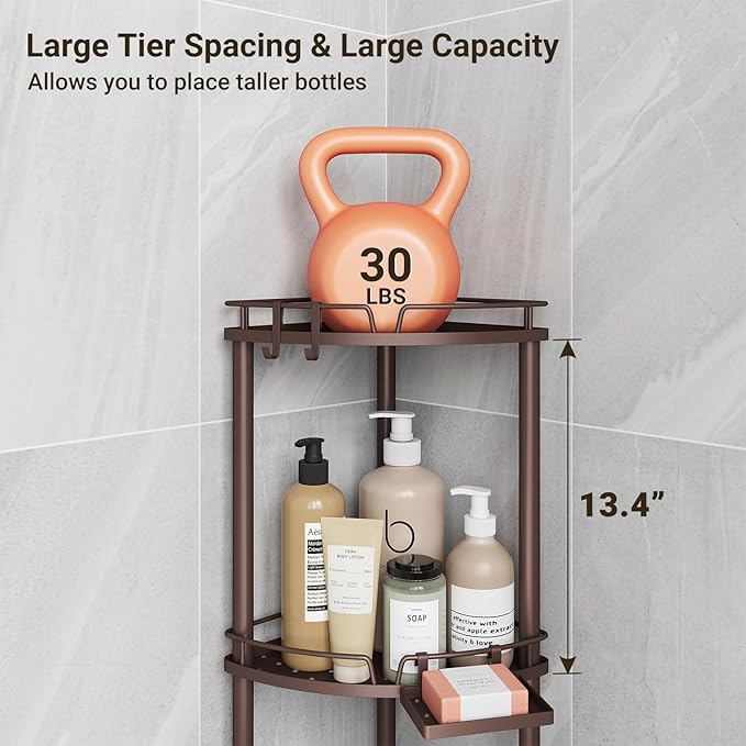ELYKEN Corner Shower Caddy Standing, 4 Tier Rustproof Metal Shower Organizer with Soap Holder, Floor Shower Corner Shelf Rack Storage Stands with Adjustable Feet & 2 Hooks for Bathroom, Bronze