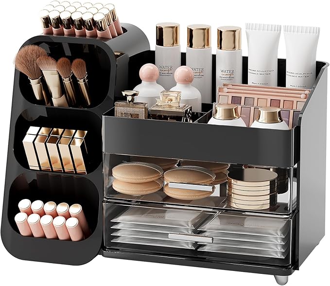UFORU Makeup Organizer for Vanity with Brush Holder, Large Capacity Bathroom Countertop Skincare Organizer with 2 Drawers, Cosmetic Display Case for Perfumes, Eyeshadow Palettes, Nail Polishes