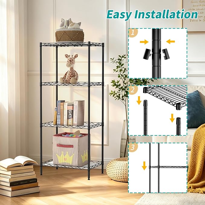 4-Tier Wire Storage Shelves, 12"D x 18"W x 44"H, Black