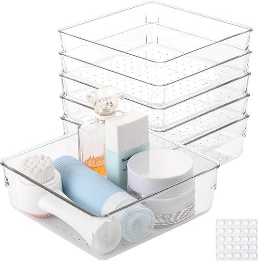 6 Pcs Large Clear Plastic Drawer Organizers Tray 6" x 6" Storage Bins with 25
