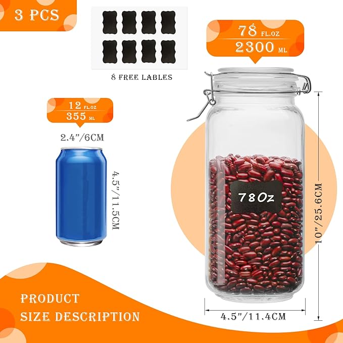 78oz Glass Food Storage Jars with Airtight Clamp Lids, Cookies