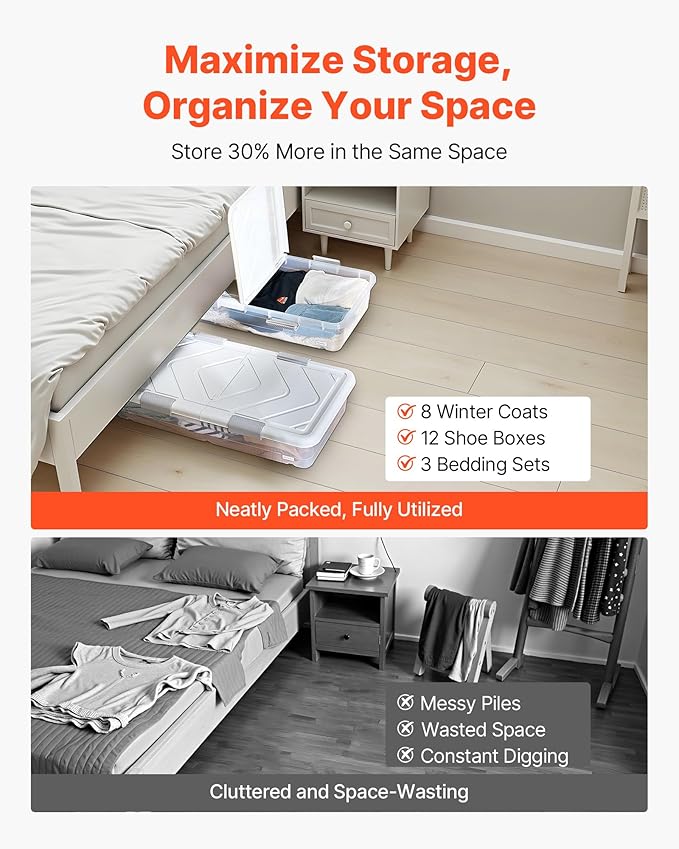 VEVOR Under Bed Storage with Wheels, 31.7 x 15.6 x 6.9 inch Underbed Containers, Underbed Shoes Organizer with Lid & Gray Latch, Rolling Under the Bed Storage Bins for Clothes Shoes Blankets, 4 Pack