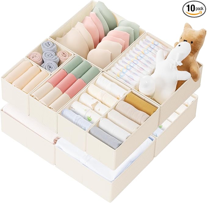 Drawer Organizer Clothes, 10 Pack Dresser Organizer for Baby Clothes, Beige