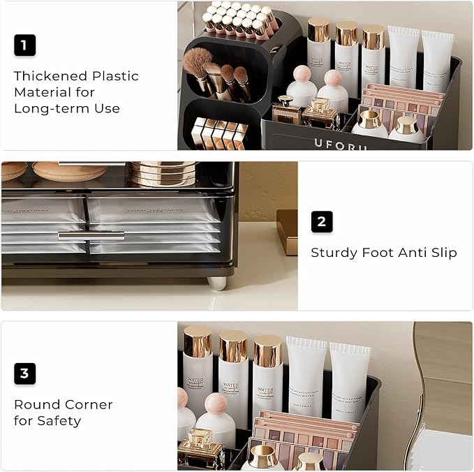 UFORU Makeup Organizer for Vanity with Brush Holder, Large Capacity Bathroom Countertop Skincare Organizer with 2 Drawers, Cosmetic Display Case for Perfumes, Eyeshadow Palettes, Nail Polishes