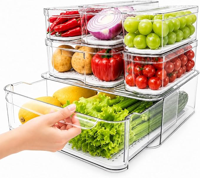 SMRCAD 6 Pack Refrigerator Organizers, Clear Pull-out Drawer Container and Organizer Bins with Lids, Stackable Storage Containers for Fruits, Vegetable (Set of 6 (Include Pull Out Drawer))