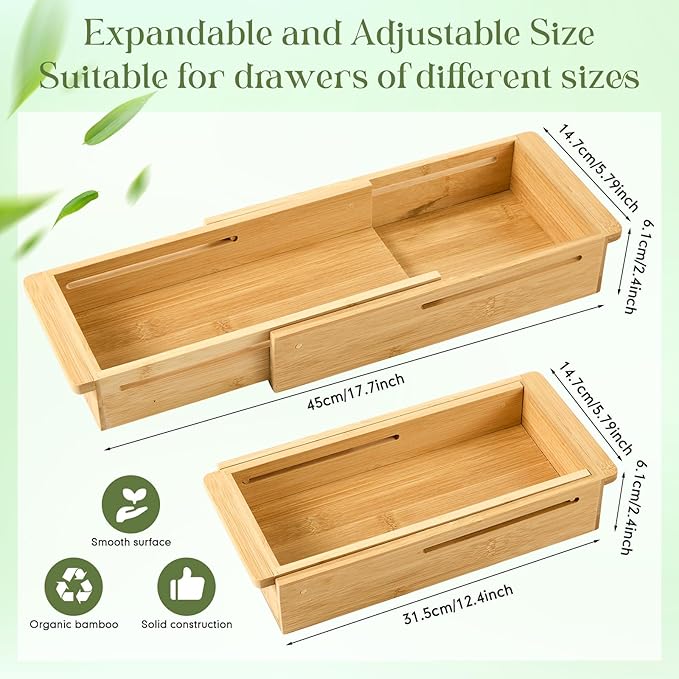 LemonRoad 1 Pcs Sliding Drawer Organizer Bin Bamboo Drawer Expandable Bins Utensil Organizer for Kitchen Spoons Forks Knives (Wood)