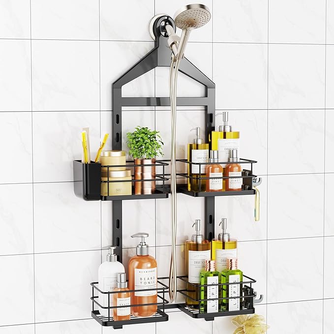ODesign 2 Tier Height-Adjustable Shower Caddy Hanging Anti-Swing-Over The Shower Head Caddy Storage Organizer Bathroom Shelves Basket-Black