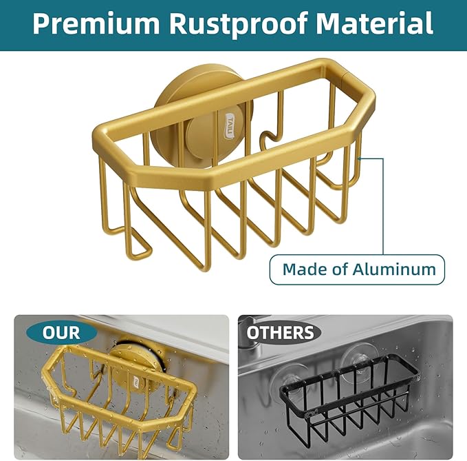 TAILI Sponge Holder for Kitchen Sink with Strong Suction Cup Removable, Rustproof Aluminum Sink Caddy for Sponge, Brush, Scrubber, Scraper -Gold