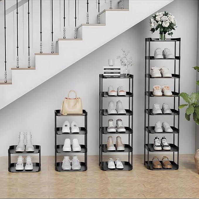 8 Tier Vertical Narrow Shoe Rack, Stackable Tall Skinny Shoerack, Compact Single Shoes Storage Tower for Slim Space, Corner Plastic Shelves, for Hallways, Entryway, Bedrooms Organizer, Black