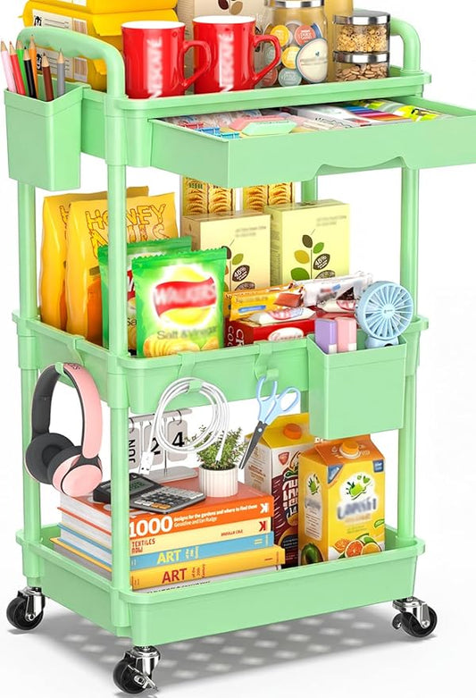 3-Tier Rolling Cart with Drawer & Lockable Wheels, Green