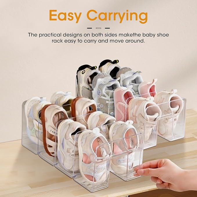 Kids Shoe Organizer Stackable: Clear Acrylic Baby Shoe Rack with Dividers - Closet Storage for Toddlers & Nursery Use (4 Pack)