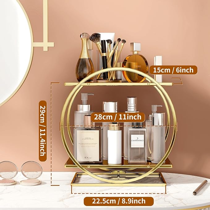Perfume Organizer for Dresser, 2 Tier Bathroom Counter Organizers and Storage, Gold Makeup Organizer for Vanity, Bathroom Accessories & Decor, Skincare Perfume Trays Cosmetic Display Holder