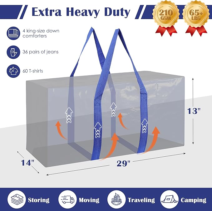 12 Pack Moving Bags with Full-Open Side Zipper, Extra Large 93L Heavy Duty Waterproof Foldable Storage Totes for College Dorm, Moving & Home Organization Blue