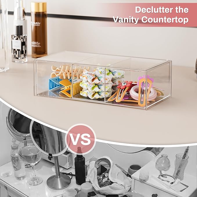 Hair Accessories Organizer for Girls, Clear Hair Bow Tie Clip Scrunchie Holder Organizer with Removable Divider, Cute Small Stackable Storage Drawer Container Caddy Box, Women Vanity Accessories, 2Pcs
