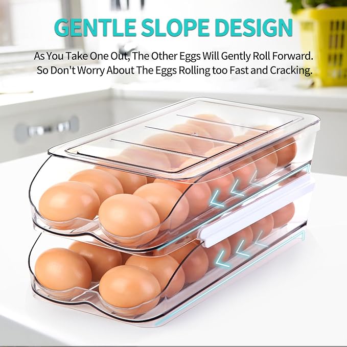 RoskDeewat Egg Holder for Fridge, Automatic Rolling Egg Container for Refrigerator, Stackable Fridge Organizers and Storage with Lid, Clear Plastic Egg Dispenser & Tray (2 Tier)