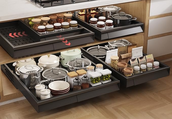 Seinloes Pull Out Cabinet Organizer, 4-Side Expandable to Fit Most Cabinets, 3 Rail Slide Out Drawers with Raising Pad for Framed & Frameless Cabinets, 13"-21" W x 17"-24" D, Black, 4 Pack