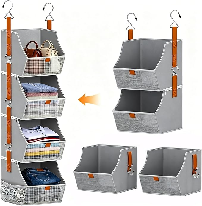 Fabric 4 Tier Hanging Closet Organizers Heavy Duty Shelf Hanging Storage Towel Clothes Sweater Jeans Bag Organizer For Closet For Bedroom,Dorm,RV,See Through Front Panel, Space-Saving (Grey-4Tier)