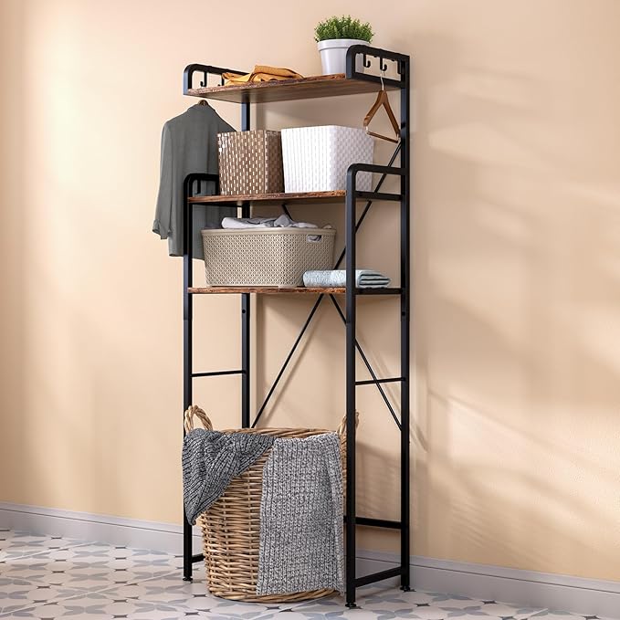 Huhote Over The Toilet Storage Rack with 3-Tier Bathroom Shelves, Space Saver Toilet Shelf, Bathroom Storage Organizer with Hooks for Over Toilet Storage and Shelf (Rustic Brown)