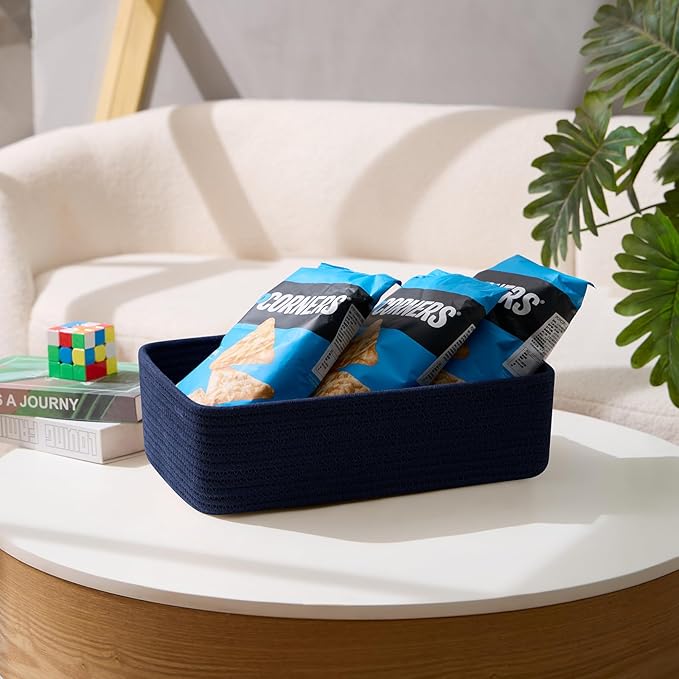 MiniArk Large Shallow Organizing Baskets 15x11x5.1 Inches - Rope Woven Storage Bins for Bathroom, Shelves, Cube Closet, Navy Blue 2 Packs