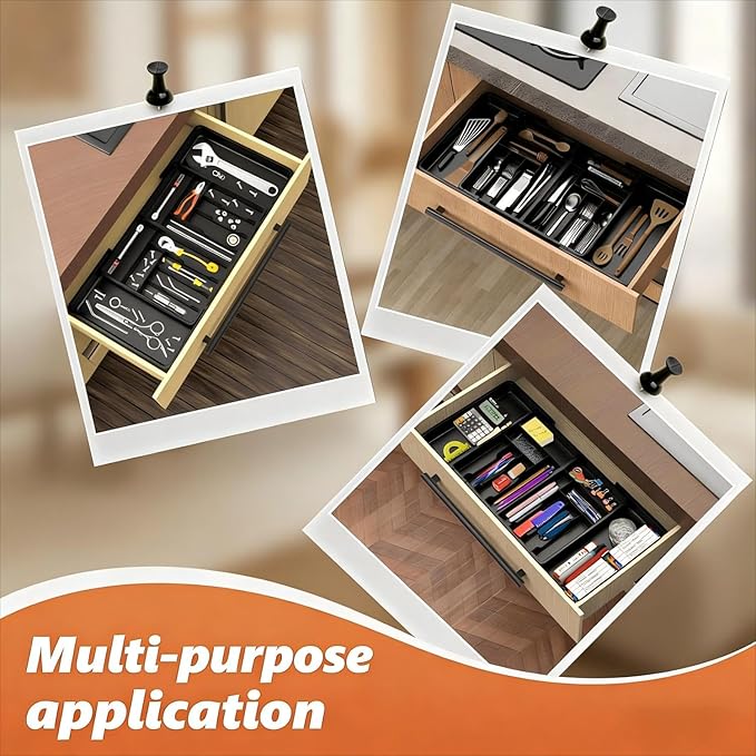 Utensil Organizer for Kitchen Drawer, Expandable Cooking Silverware Tray,Large Silverware Drawer Organizer，Plastic Spatula Tools Storage Divider, 21.6-38", Black