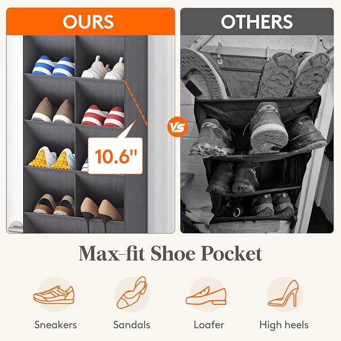 6 Tier Over the Door Shoe Organizer with 11 Large Deep Pockets, Gray