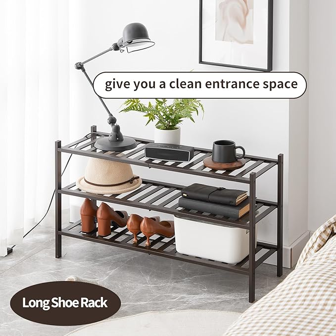 Long Shoe Rack, 3-Tier Bamboo Stackable Shoe Shelf Storage Organizer, Shoe Stand for Closet, Entryway and Hallway
