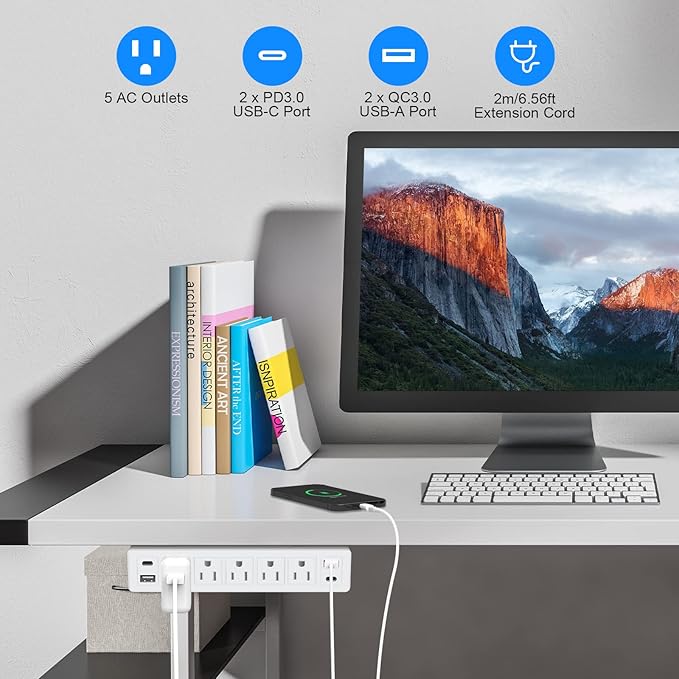 40W Under Desk Power Strip Mountable,20W USB-C Fast Charging Flat Plug Power Strip Surge Protector 1200J,9 in 1 Desk Outlet,5 Outlets,2 USB-C,2 USB-A,10FT Extension Cord White