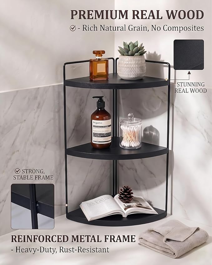 3-Tier Corner Bathroom Countertop Organizer, Solid Pine Wood Vanity Corner Shelf for Skincare & Makeup, Waterproof Standing Rack for Bathroom, Vanity, Kitchen & Dresser, Large 15.7"H, Black