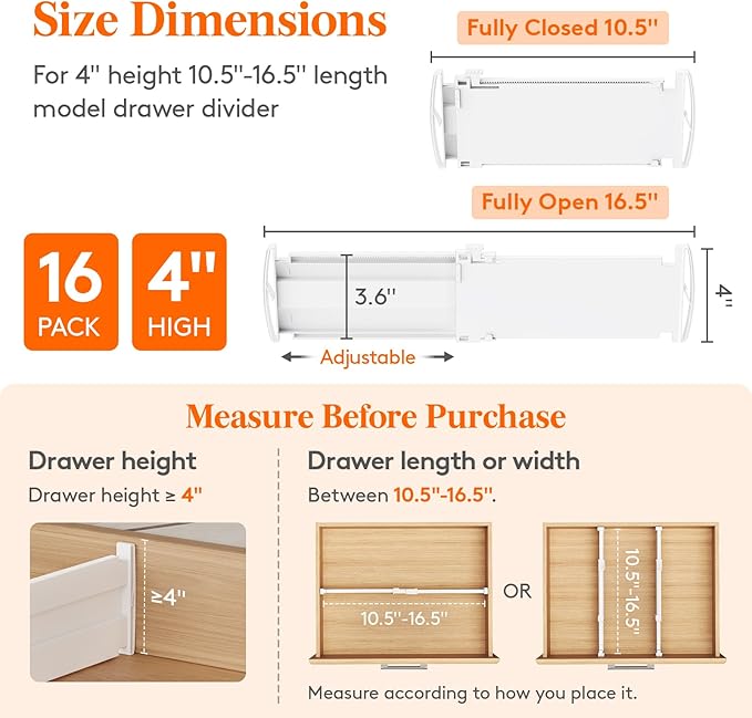 Lifewit 16 Pack Drawer Dividers for Clothes, 4" High 10.5"-16.5" Expandable Dresser Drawer Organizers, Adjustable White Plastic Separators for Kitchen, Cabinet, Nursery, Socks & Underwear Storage