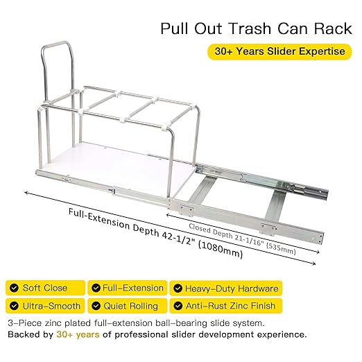 Adjustable Pull Out Trash Can for Kitchen Cabinet, Bottom-Mount Heavy-Duty Full-Extension Soft-Close Slides, 100 Lb Rated with Solid Bottom, Fits 18-Inch Base Cabinet