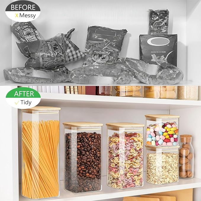 VIEWELLD Food Storage Containers with Airtight Bamboo Lids Set of 5, Glass Canisters with Airtight Lids, Glass Food Storage Containers for Pasta, Oats, Coffee, Flour, Sugar, Best for Kitchen, Square