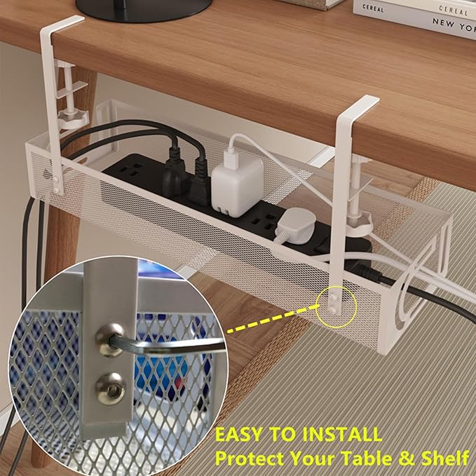 No-Drill Under Desk Cable Management Tray - Tool-Free Installation with Dual Silicone Pads | No Adhesive, No Magnets, No Residue | Heavy-Duty Steel Construction for Wood & Glass Desktops (Black)