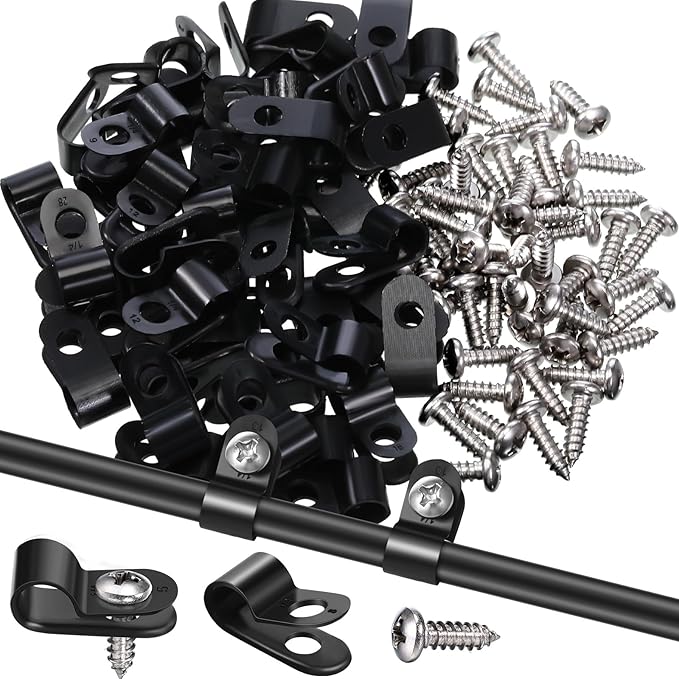 Hicarer 50 Pack R-Type Cable Clip Wire Clamp, Nylon Screw Mounting Cord Fastener Clips with 50 Pack Screws for Wire Management (Black,1/4Inch)