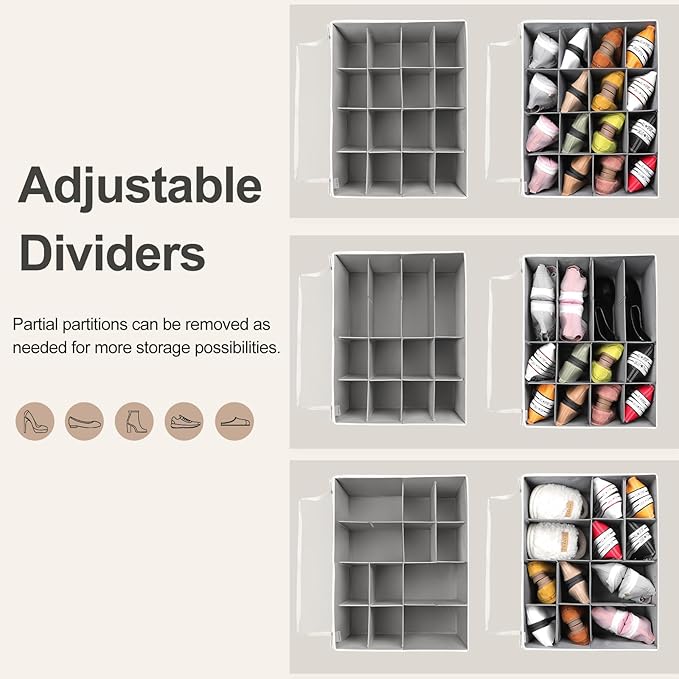 TOPIA HOME Shoe Organizer for Closet 2 Pack, Foldable Shoe Box with Adjustable Dividers and Clear Cover, Space Saving Shoe Storage Organizer Cabinet with Reinforced Handles, Fits 32 Pairs TP12WG