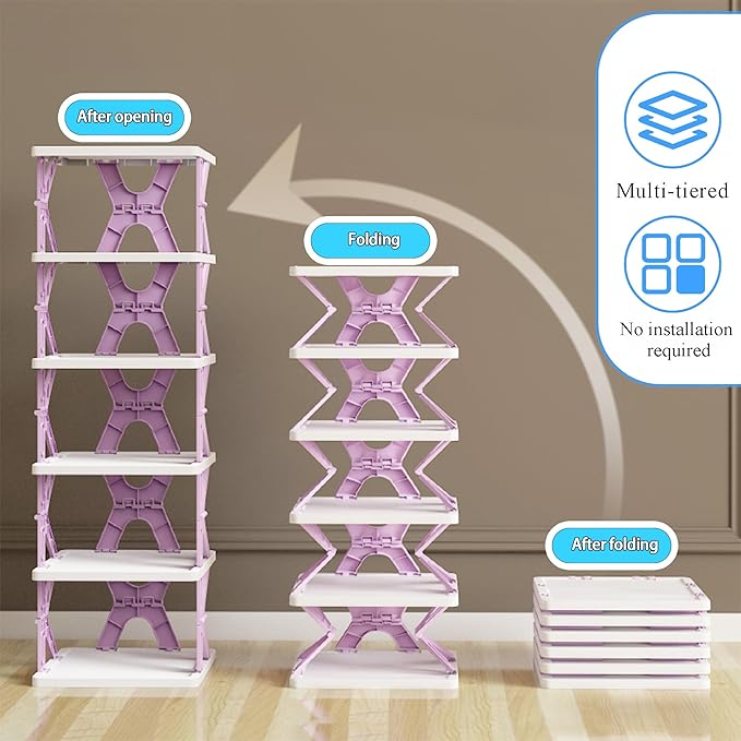 XDMTWLKJ Collapsible Shoe Rack Organizer 6 Tiers-Foldable Shoe Storage for Closet, Space-Saving Kid's Shoe Racks, No Assembly Shoe Shelves for Entryway, Living Room, Bedroom