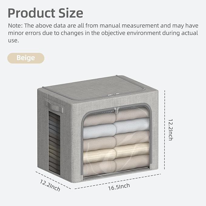 FHSQX 2 Pack Clear Window Storage Bins - Large Stackable Linen Fabric Storage for Clothes Foldable Container Organizer Set with Carrying Handles (Light Gray, 16.5x 12.2x 12.2Inch)