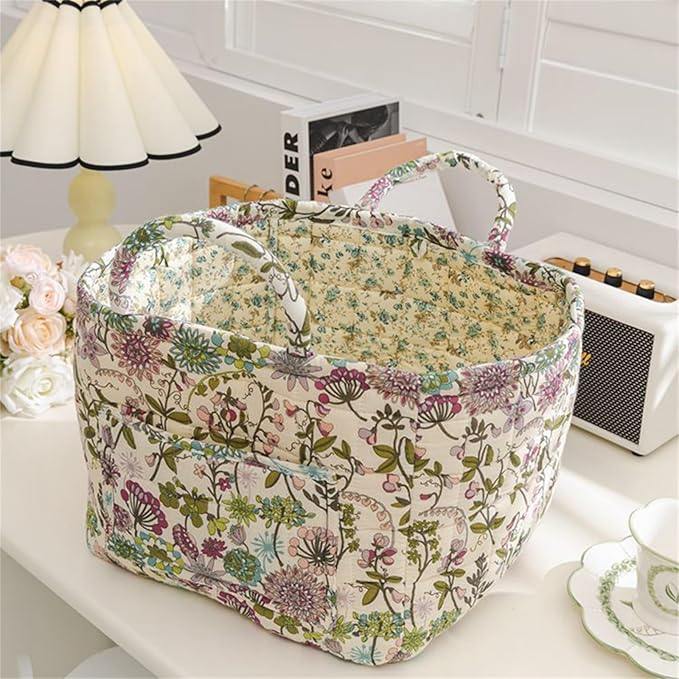 Quilted Fabric Storage Baskets with Handles, Boho Floral Gift Basket Foldable Organizer Bin for Home Decor, Picnic, Travel 12''x10''x10'' (Purple)