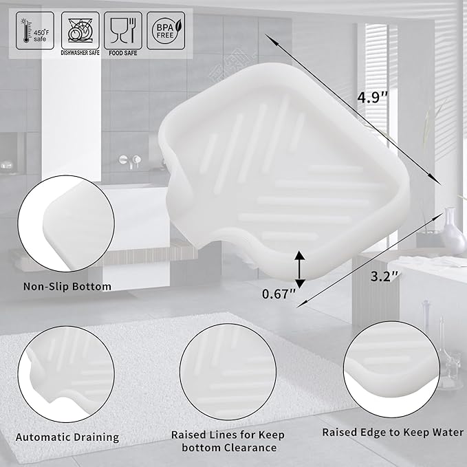 MicoYang Silicone Soap Dish with Drain Spout — Self-Draining Sink Organizer Tray for Bathroom & Kitchen, Holds Soap, Sponges & Dispensers, Non-Slip & Dishwasher Safe, Translucent (Small, 4.9"×3.2")