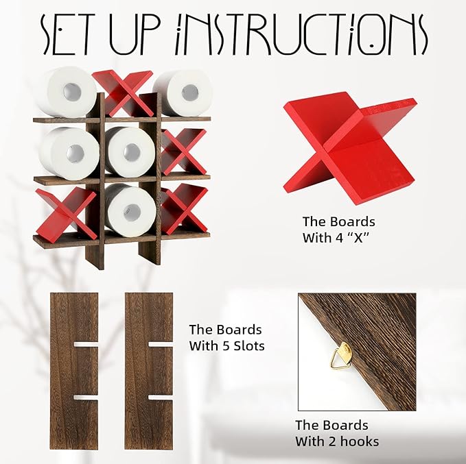 Weysat Tic Tac Toe Toilet Paper Holder Stand Bathroom Wall Decor Rustic Wooden Hanging Storage Freestanding Wall Mounted Shelves Decor for Toilet Tissue Farmhouse