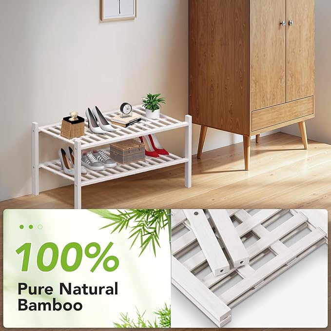 Haddockway Large 2 Tier Bamboo Shoe Rack Storage Organizer, Multifunctional Free Standing Stackable Shoe Shelf with Grid Panel for Closet,Hallway,Entryway,Small Space 27"x12"x14"