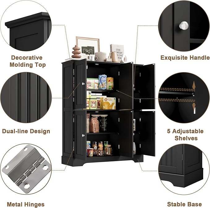 ChooChoo Bathroom Floor Cabinet, Modern Bathroom Storage Cabinet with 6 Doors and Adjustable Shelves, Freestanding Cupboard for Living Room, Black
