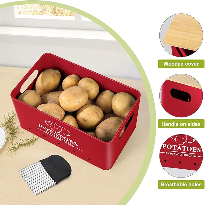 Kitchen Vegetable Storage Set of 3, Metal Onion Garlic Potato Storage Set, Red